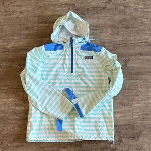 Vineyard Vines Striped Blue and White Hooded Rain Jacket